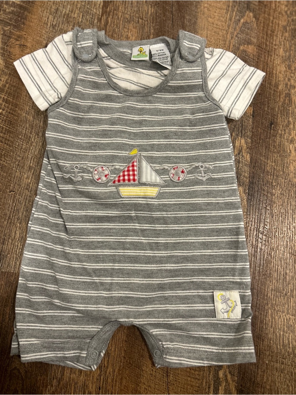 Sesame Street Sailboat Grey Striped Romper 2 Piece Outfit Baby Size 3-6 Months